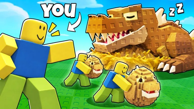 Clones carry dinosaur eggs away from a sleeping guardian in Clone to Steal Eggs.